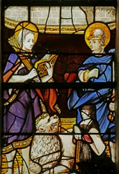 Vidriera que representa a San Sebastián y San Adrián y un donante